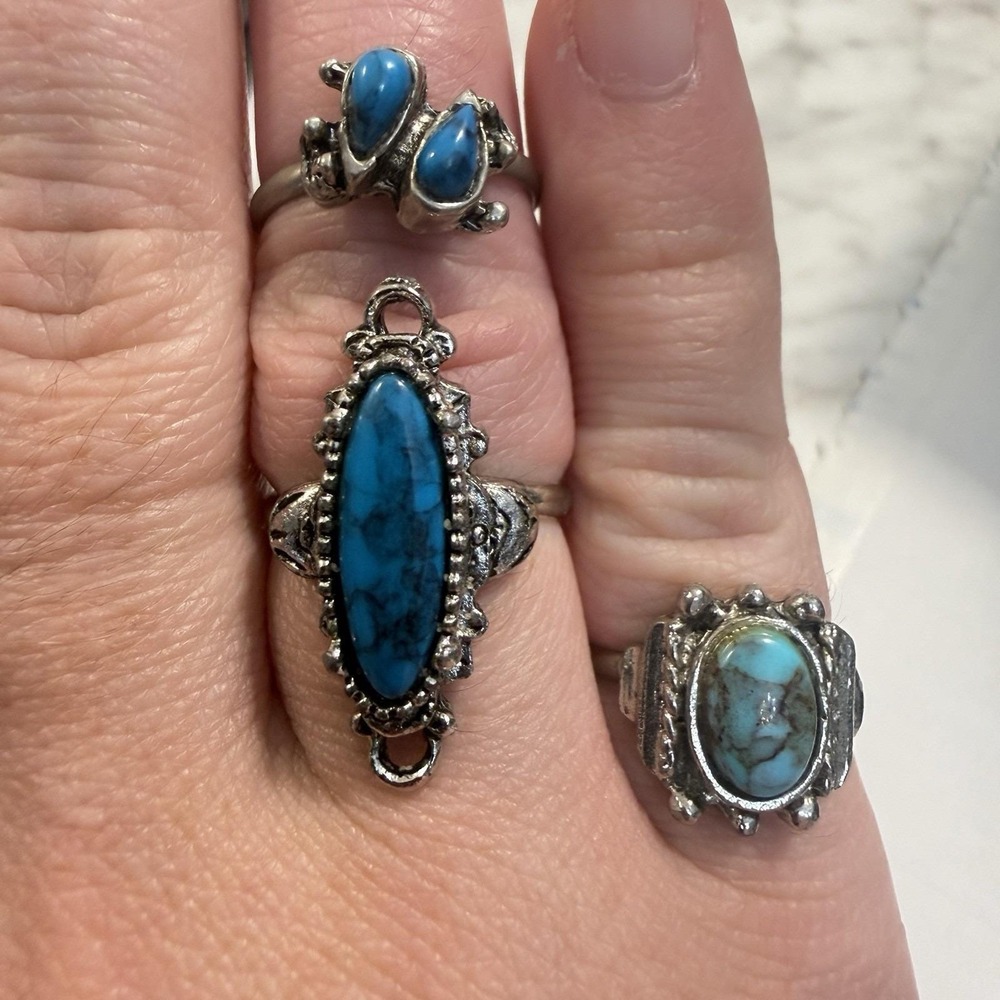 Vintage Faux Turquoise Ring 3pc Lot Adjustable Ram-Zor Sz 7 & 6 Southwestern 70s